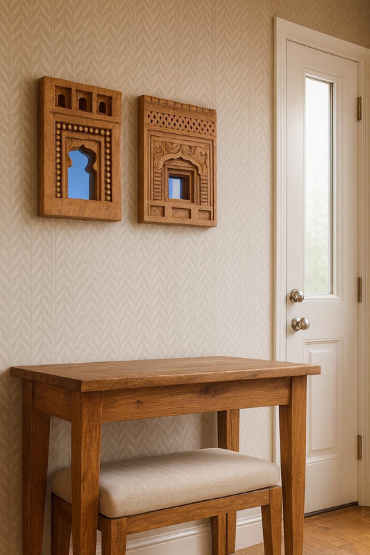 Hand-Carved Wooden Arch Mirrors: Rustic Cottage Wall Decor - Set of 2