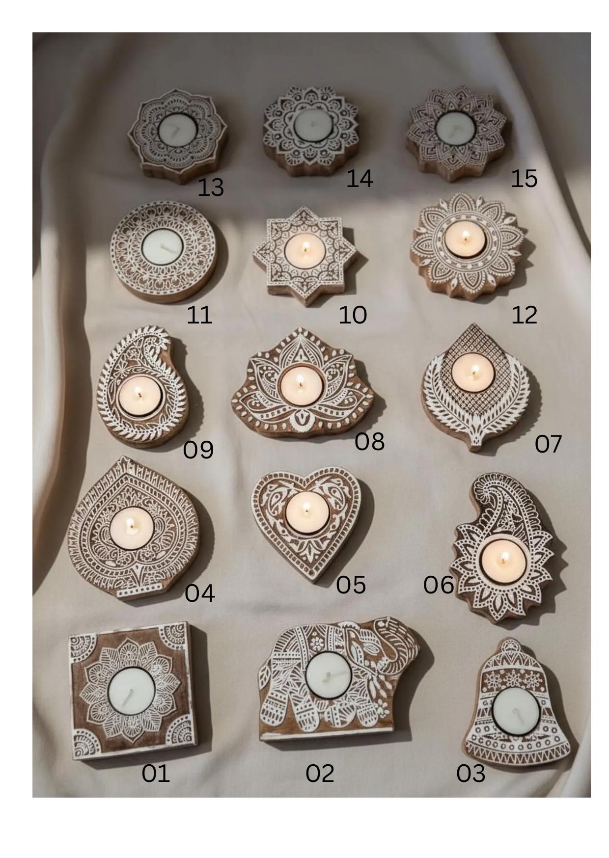 Wooden Tea Light Holder : Hand-Block Printed Mango Wood - 15 Designs