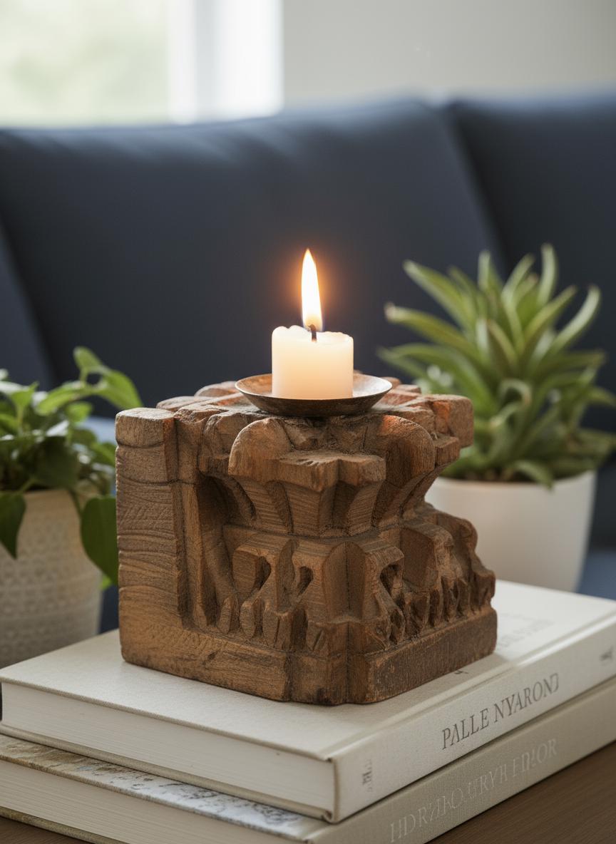 Hand Carved Wooden Candle Holder & 04 Tealight Block