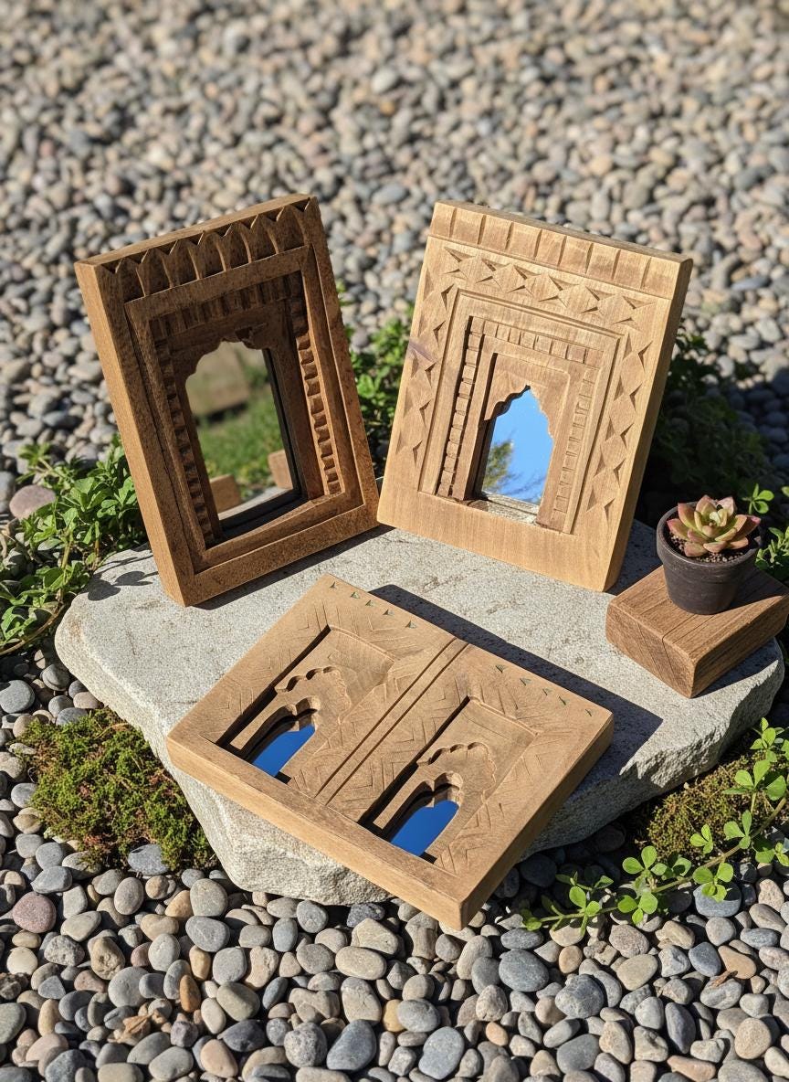 Handcrafted Wooden Small Wall Mirror - Set of 02 , 03 , 04