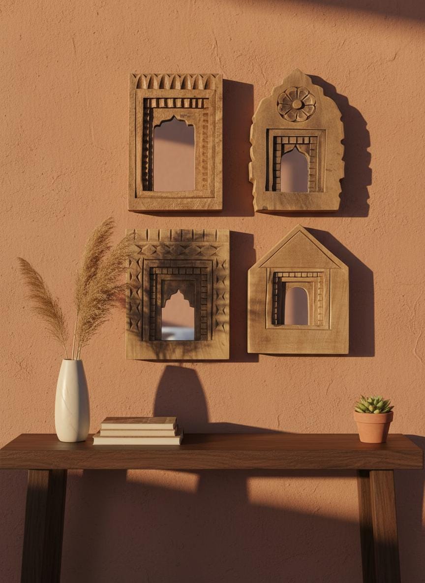 Handcrafted Wooden Small Wall Mirror - Set of 02 , 03 , 04