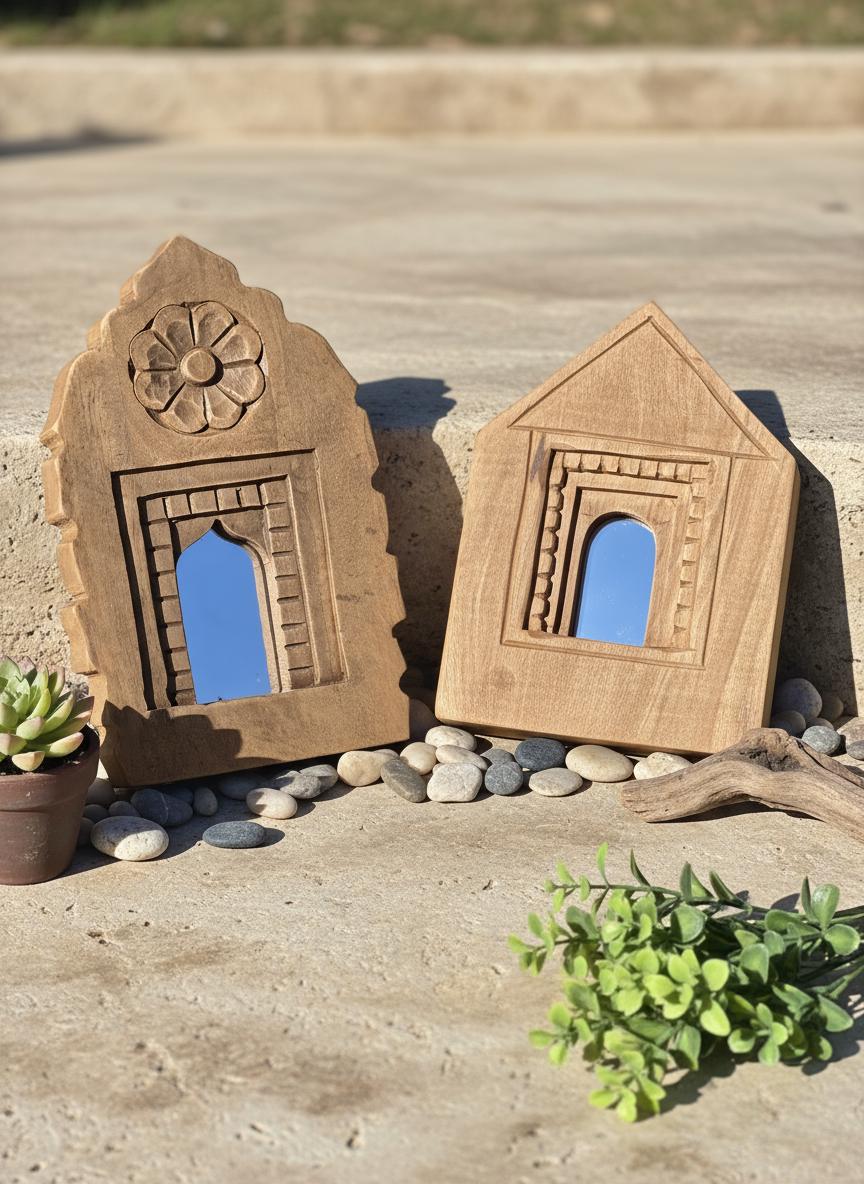 Handcrafted Wooden Small Wall Mirror - Set of 02 , 03 , 04