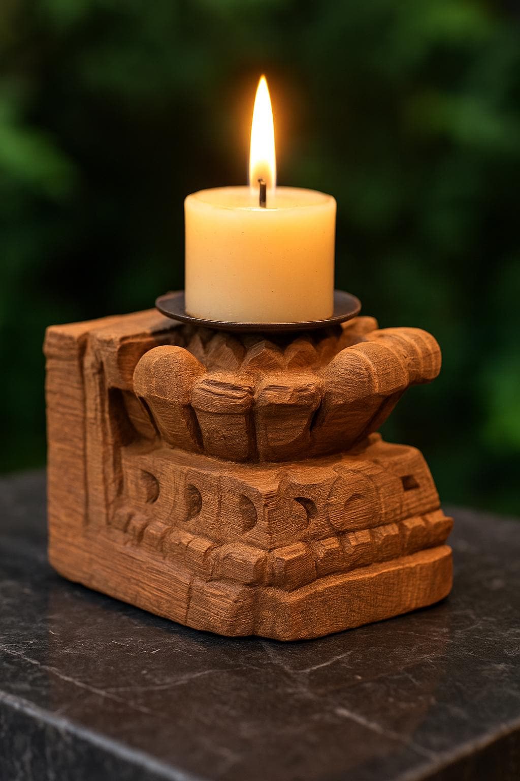 Hand Carved Wooden Candle Holder & 04 Tealight Block