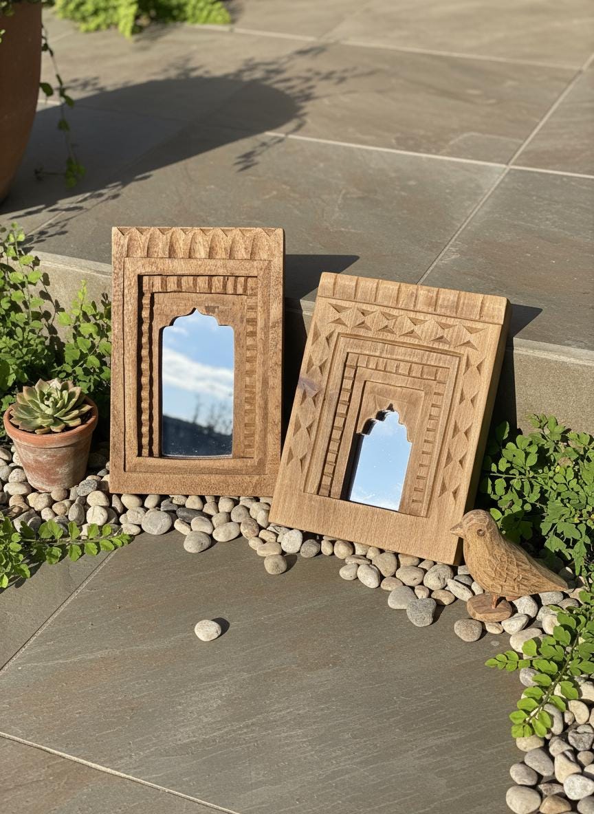 Handcrafted Wooden Small Wall Mirror - Set of 02 , 03 , 04