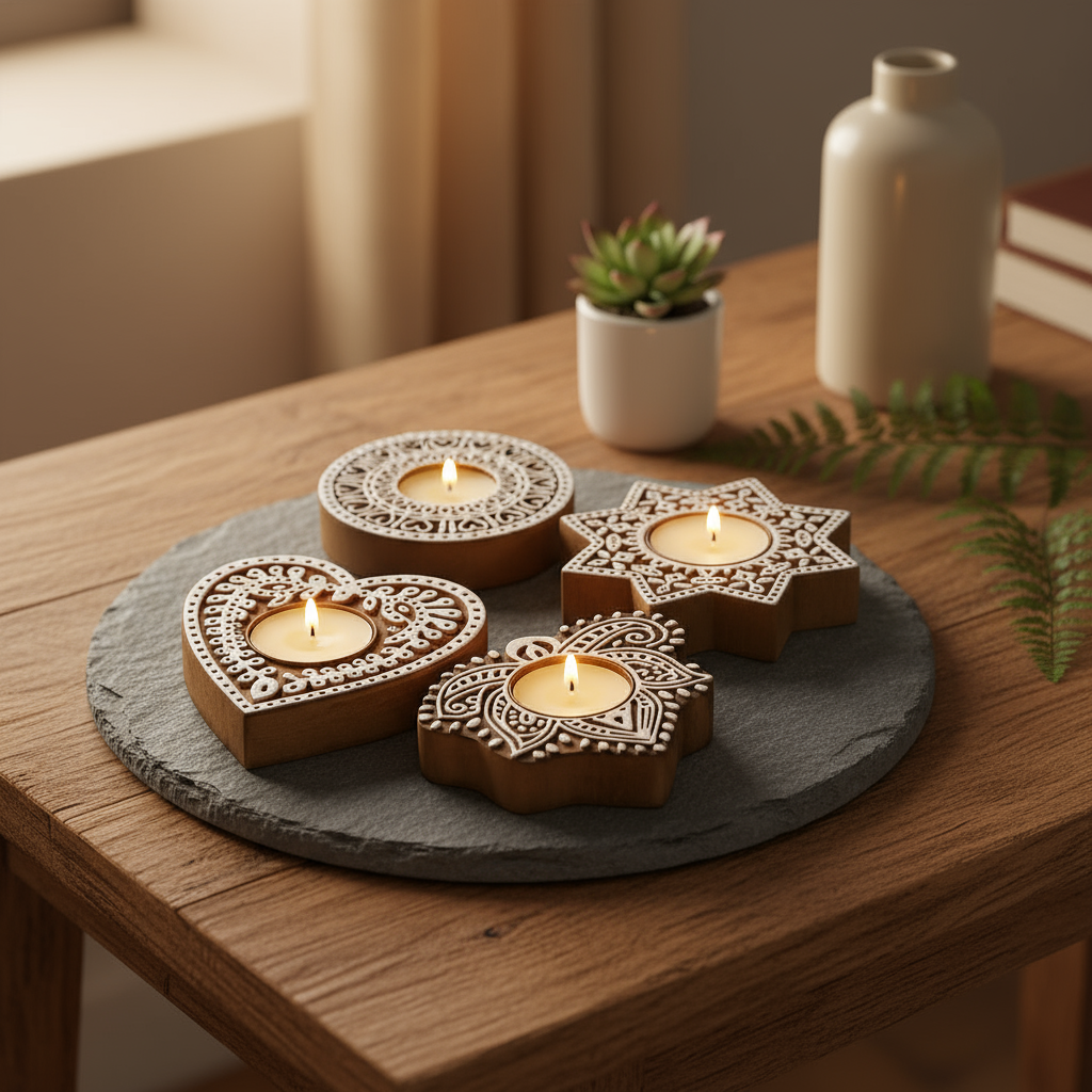 Hand Carved Wooden Candle Holder & 04 Tealight Block