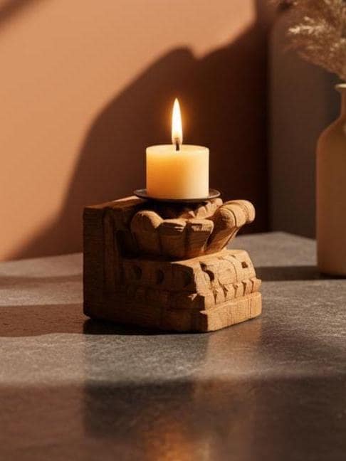 Hand Carved Wooden Candle Holder & 04 Tealight Block