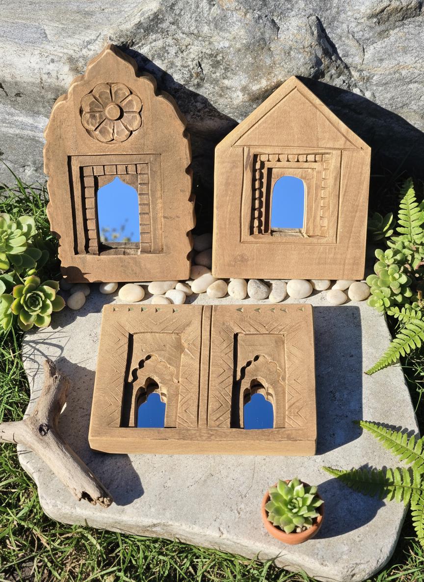 Handcrafted Wooden Small Wall Mirror - Set of 02 , 03 , 04