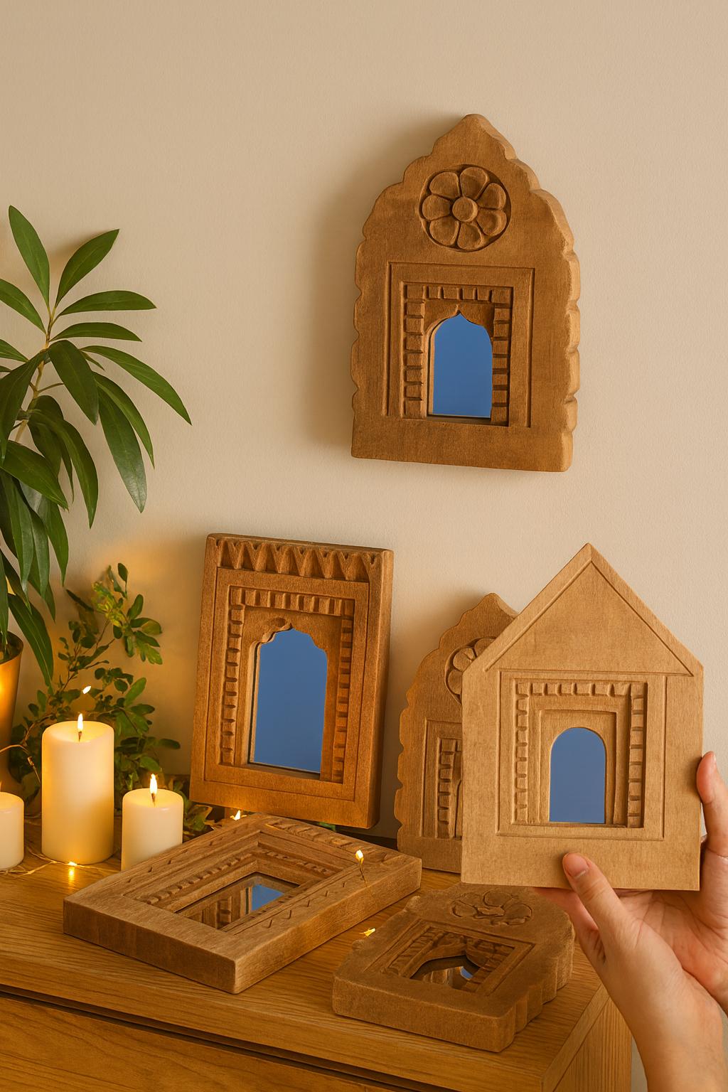 Handcrafted Wooden Small Wall Mirror - Set of 02 , 03 , 04