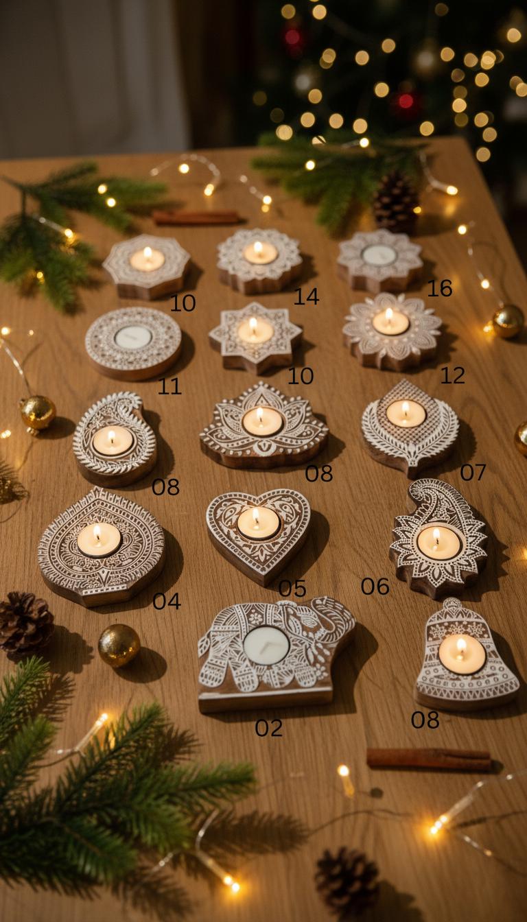 Wooden Tea Light Holder : Hand-Block Printed Mango Wood - 15 Designs